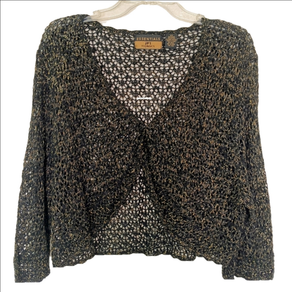 Essentials Eyelet Lace‎ Shrug Wrap Size 2X Women's Gold & Black Long Sleeve